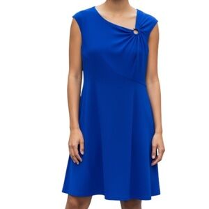 JONES NEW YORK Asymmetrical Ring Royal Blue Fit & Flare Midi Dress Cap Sleeve 6